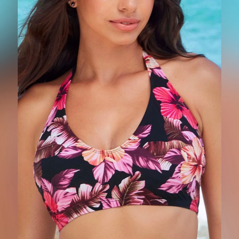 NWT SkinnyDippers Floral Mowie Plunge Halter Swim Top